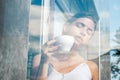 Perfect morning with best coffee. woman drink coffee from cup. girl relax in cafe and drink. americano or espresso latte Royalty Free Stock Photo