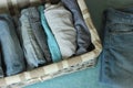 Perfect and neatly setting of clothes. Linen drawer organization solution. Perfectionist