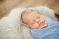 Perfect newborn baby girl in blue blanket in a wicker basket decorated with branches