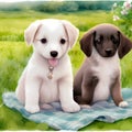 Perfect Pair - Adorable Watercolor Puppies Together