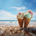 The perfect pair Ice cream cones and sandy beach shores Royalty Free Stock Photo