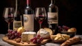 The Perfect Pairings, A Gastronomic Delight of Wine, Cakes, and Cheeses in the Kitchen. Generative AI