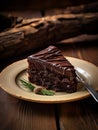 Perfect Piece of Chocolate Cake on Plate, Wood Table