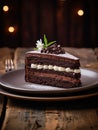 Perfect Piece of Chocolate Cake on Plate, Wood Table