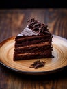 Perfect Piece of Chocolate Cake on Plate, Wood Table