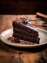 Perfect Piece of Chocolate Cake on Plate, Wood Table