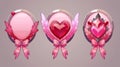 The perfect pink UI element for any game avatar. An empty circle frame with ribbon, heart, red gems and feathers should