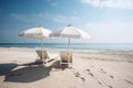 peaceful scene with two beach chairs and umbrellas overlooking the calm ocean