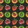 Seamless black pattern with sliced figs, peaches, kiwi and strawberry