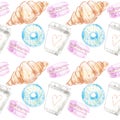 Seamless pastel pattern with cappuccino and sweets