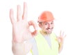 Perfect and professional services concept with joyful constructor Royalty Free Stock Photo