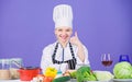Perfect recipe. Turn ingredients into delicious meal. Culinary skills. Woman chef wear hat apron near table ingredients Royalty Free Stock Photo