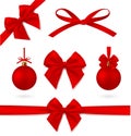 Perfect Red realistic set of decorations. Christmas Ball, Ribbon and Bow. Ability to easily change color. - stock 