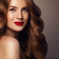 Perfect Redhead Woman with Beautiful Curly Hairstyle and Makeup