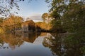 A perfect reflection of the historic Yates Mill wooden building in a the still waters of a pond at sunset outside of Raleigh, Royalty Free Stock Photo