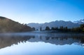 Perfect reflection in Lake Matheson surrounded by beautiful natural forest under blue sky Royalty Free Stock Photo