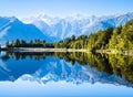 Perfect reflection in Lake Matheson surrounded by beautiful natural forest under blue sky Royalty Free Stock Photo