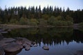 Perfect reflection of trees and rocks reflected in a glassy lake at sunset