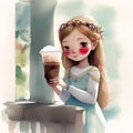 The Perfect Refresher - Watercolor Painting of a Girl with a Frozen Coffee Glass for Kids\' Stories