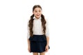 Perfect schoolgirl. Happy girl wear school uniform. Gorgeous tails perfect for every day of week. Back to school concept