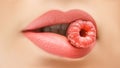 Perfect sexy female lips. Close up female lips with raspberry. Raspberry color female lips with eating raspberry Royalty Free Stock Photo