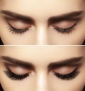 Perfect shape of eyebrows and extremly long eyelashes. Macro shot of fashion eyes visage. Before and after Royalty Free Stock Photo