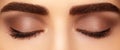 Perfect shape of eyebrows and extremly long eyelashes. Macro shot of fashion eyes visage. Before and after Royalty Free Stock Photo