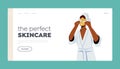 Perfect Skincare Landing Page Template. Woman with Facial Mask and Cucumber Slices of Face. Female Character Skin Care