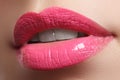 Perfect smile. Beautiful full pink lips. Pink lipstick Royalty Free Stock Photo