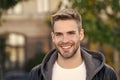 Perfect smile. Handsome guy portrait. Facial hair and skin care concept. Handsome face. Handsome man unshaven face and Royalty Free Stock Photo