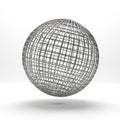 3D wireframe sphere composed of intersecting metal grid lines casting a subtle shadow on a white background Royalty Free Stock Photo