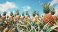 The perfect spot for a scenic selfie with rows of ripe pineapples standing tall in front of a clear blue sky their Royalty Free Stock Photo