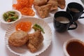 Perfect Start Of The Day With Fresh Indian Kachori Samosa and Jalebi. Indian food. Snacks.