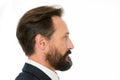 Perfect style. Business man well groomed mature guy side view white background. Business people hairstyle. Businessman