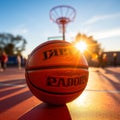 Perfect Swish: Basketball Mid-Air, Vibrant Court, Golden Sunlight