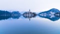 Perfect symetry of a lake and church on a small island, Bled, slovenian alps Royalty Free Stock Photo