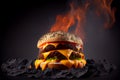 Perfect tasty delicious cheese burger with fillings on a fiery background fast food