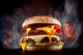 Perfect tasty delicious cheese burger with fillings on a fiery background fast food