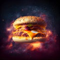 Perfect tasty delicious cheese burger with fillings on a space background fast food