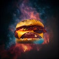 Perfect tasty delicious cheese burger with fillings on a space background fast food