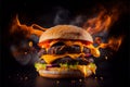 Perfect tasty delicious cheese burger with fillings on a space background fast food