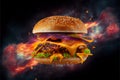 Perfect tasty delicious cheese burger with fillings on a space background fast food