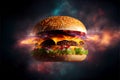 Perfect tasty delicious cheese burger with fillings on a space background fast food