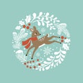 Cute hand drawn vector deer in wreath.