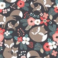 Seamless vector pattern with cute hand drawn fox family and flowers on dark grey background. Royalty Free Stock Photo