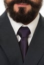 Perfect to the last detail. Classic suit with white shirt collar and elegant tie. Bearded businessman style close up