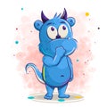 Hand drawn cute blue monster illustration Royalty Free Stock Photo