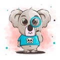 Hand drawn cute koala holding magnifying glass illustration