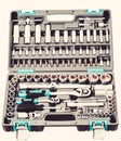 Perfect tool kit. chrome plating socket wrench or spanner in compact case. pro set of tools. Torx tool Socket Drive