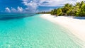 Perfect tranquil beach scene, soft sunlight and white sand and blue endless sea as tropical landscape